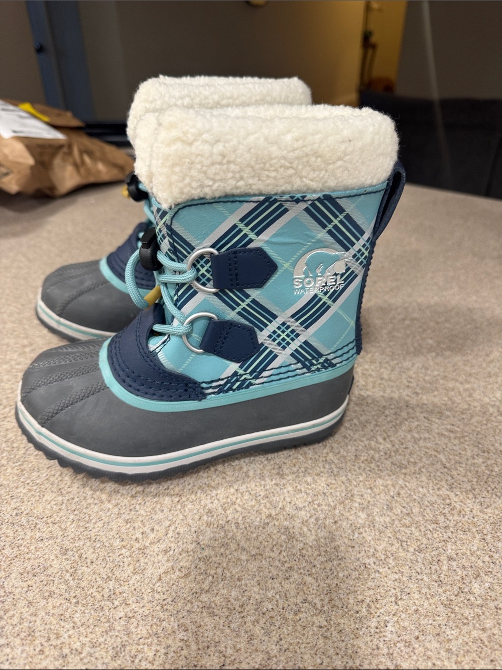 Sorel Kids Waterproof Snow Boots in Light Blue, Navy & Gray Plaid